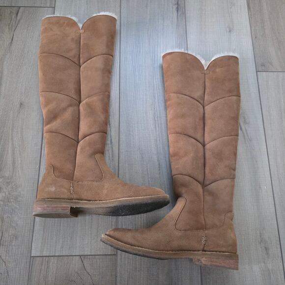 UGG Sibley Knee Tall Sheepskin Lined Suede Camel Brown Boots Women Sz 8.5 - Picture 6 of 14